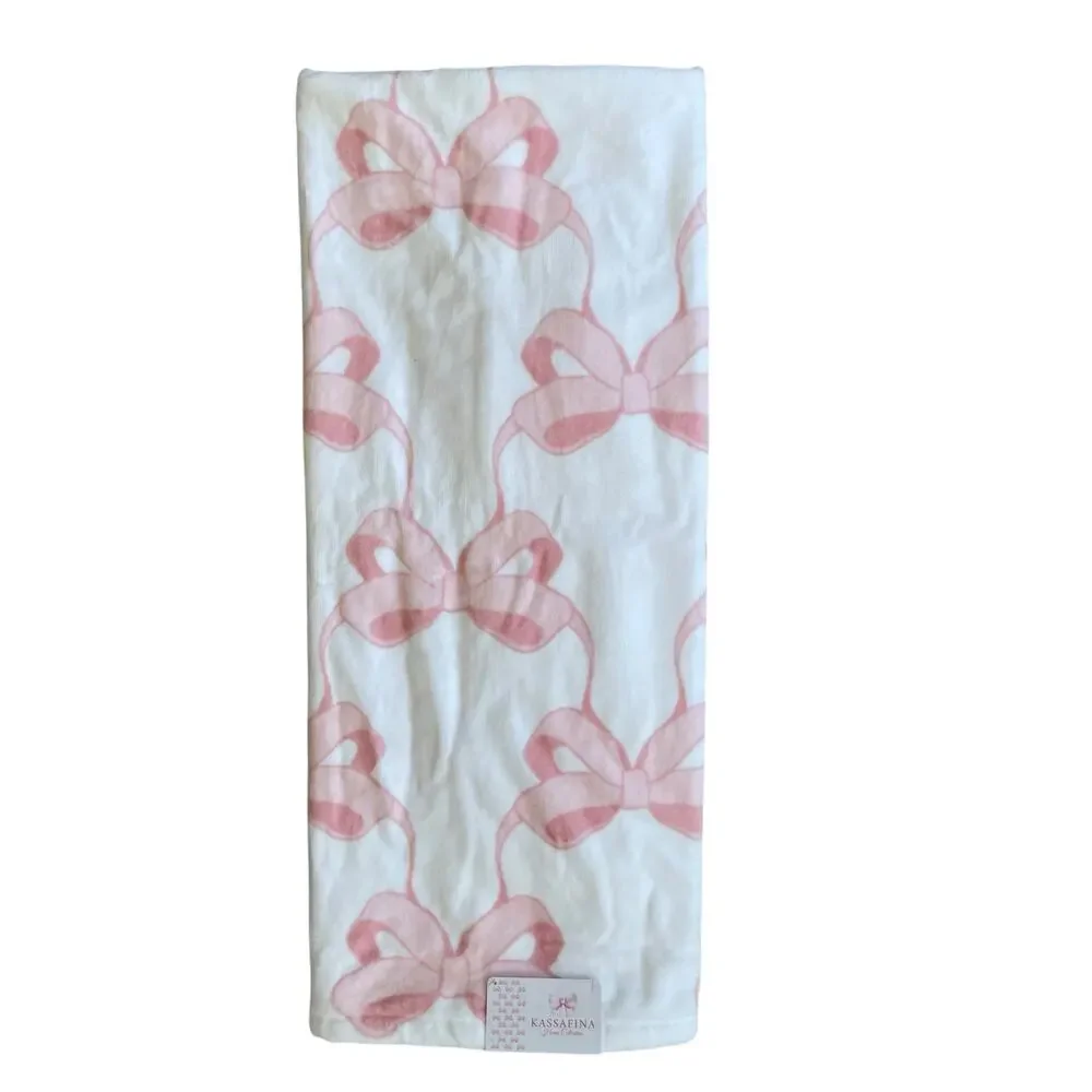 Kassafina Coquette Pink Bow Hand & Bath Towel 4PC Set 100% Cotton White NEW